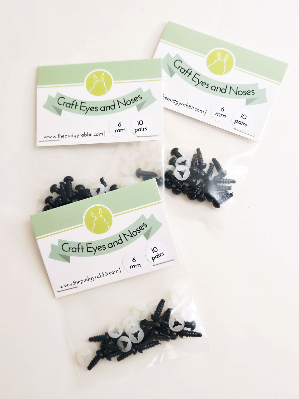 Packaged 6mm craft eyes by The Pudgy Rabbit with labels on a white background