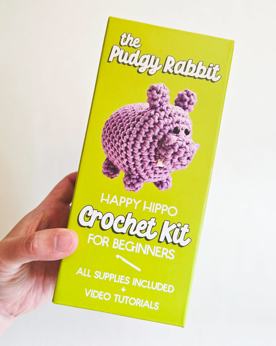 A hand holding a lime green box for 'The Pudgy Rabbit Happy Hippo Crochet Kit for Beginners' against a plain white background.